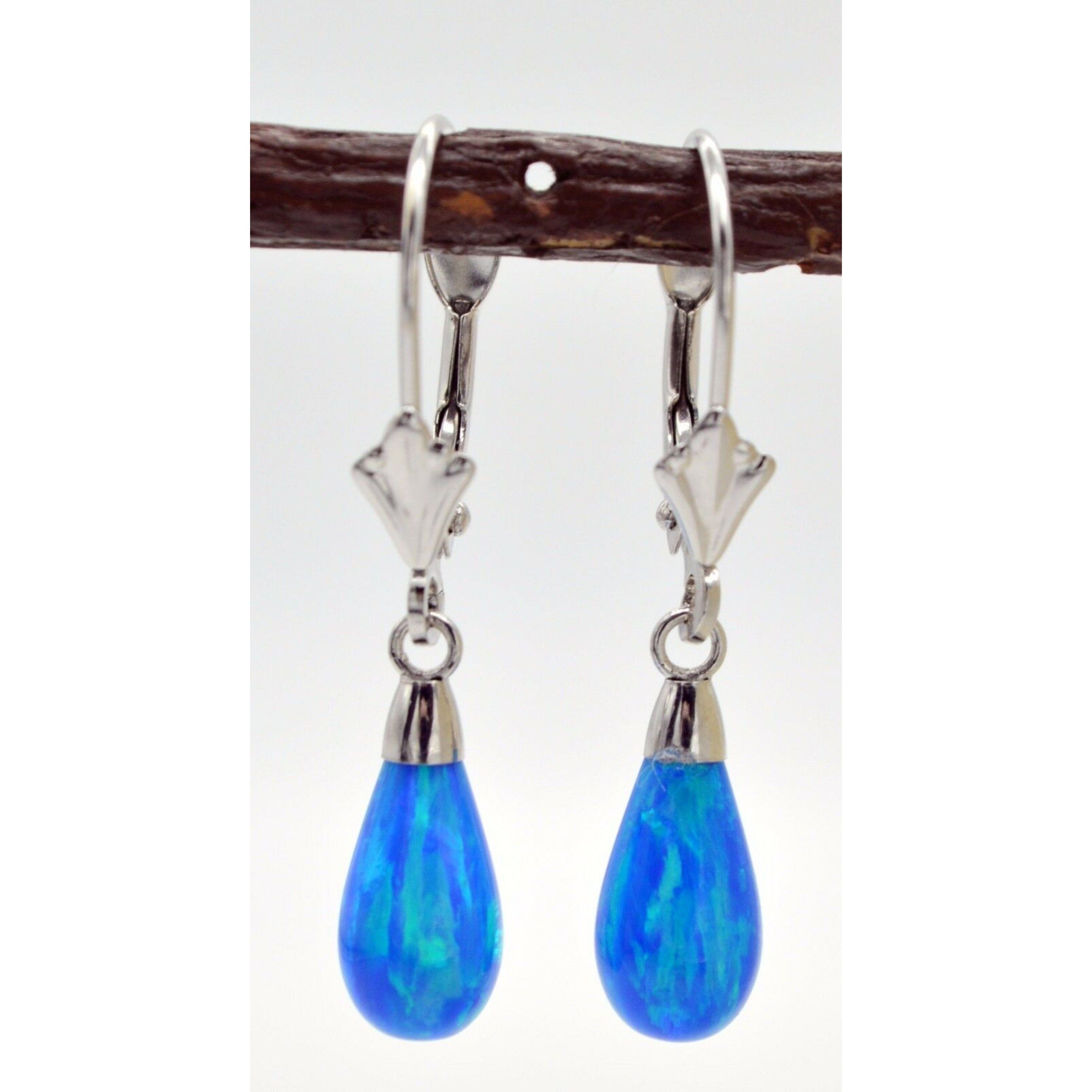14k Solid White Gold Tear Drop Blue Fire Opal Leverback Dangle Earrings 430$